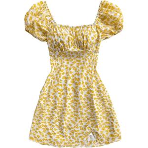 image:imageFloerns Womens Floral Square Neck Puff Sleeve Dress Vacation A Line Short DressesYellow and White