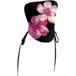 image:imageFloerns Womens Floral Strapless Tube Tops Sleeveless Drawstring Bandeau Boho TopsBlack
