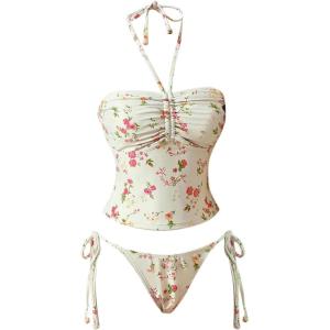 image:imageFloerns Womens Floral Tankini Sets Halter String Swimsuit Tie Side Two Piece Bathing SuitWhite