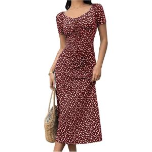 image:imageFloerns Womens Floral Tie Front Midi Beach Dress Short Sleeve Wedding Guest DressesBurgundy