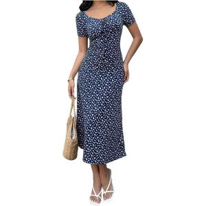 image:imageFloerns Womens Floral Tie Front Midi Beach Dress Short Sleeve Wedding Guest DressesDark Blue