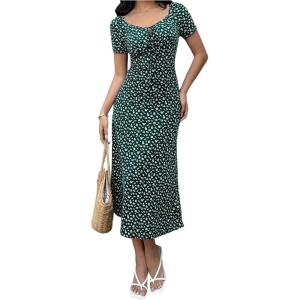 image:imageFloerns Womens Floral Tie Front Midi Beach Dress Short Sleeve Wedding Guest DressesDark Green
