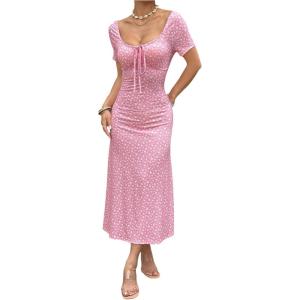 image:imageFloerns Womens Floral Tie Front Midi Beach Dress Short Sleeve Wedding Guest DressesPink