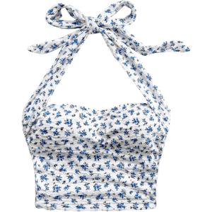 image:imageFloerns Womens Floral Tie Shoulder Corset Top Summer V Neck Hanky Hem Crop Tank TopWhite