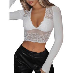 image:imageFloerns Womens Floral Y2K Lace Deep V Crop Tops Going Out Backless Bodycon Tops
