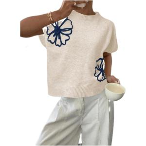 image:imageFloerns Womens Flower Floral Knit Dolman Cap Short Sleeve Crew Neck Pullover Sweaters Tops Fall Outfits Loose FitApricot