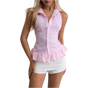 image:imageFloerns Womens Going Out Button Down Shirts Striped Ruffle Hem Sleeveless Blouse TopsLight Pink