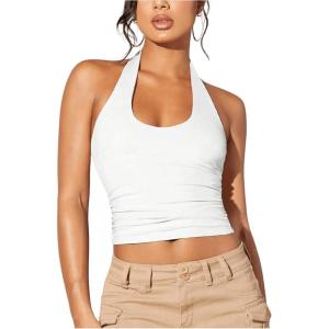 image:imageFloerns Womens Going Out Halter Tank Top Sleeveless Ruched Open Back Cute Y2k Festival ClothesWhite