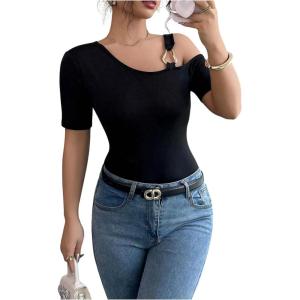 image:imageFloerns Womens Going Out Off The Shoulder T Shirts Cut Out Short Sleeve Slim Fit Casual Tee TopsBlack