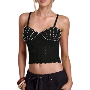 image:imageFloerns Womens Going Out Sleeveless Sweater Vest Pearl Beaded Hollow Out Pullover TopBlack