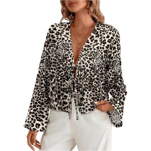 image:imageFloerns Womens Going Out Tops Cheetah V Neck Long Sleeve Tie Front Cute Blouse ShirtsKhaki