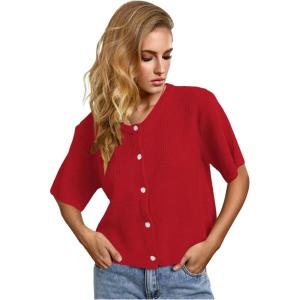 image:imageFloerns Womens Half Sleeve Cardigan Sweater Button Down Scoop Neck Knitted OuterwearRed