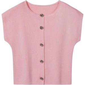 image:imageFloerns Womens Heart Metal Button Down Sweaters Crew Neck Cap Sleeve Pullover TopsPink