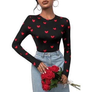 image:imageFloerns Womens Heart Print Long Sleeve Valentines Day Round Neck T ShirtsBlack