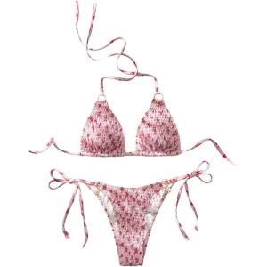 image:imageFloerns Womens High Waisted Bikini Sets Floral Triangle Halter Swimsuit Tie Side Bathing SuitPink