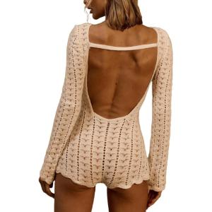 image:imageFloerns Womens Knit Sheer Backless Romper Long Sleeve Boat Neck Shorts JumpsuitBeige