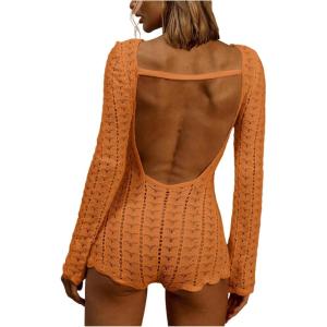 image:imageFloerns Womens Knit Sheer Backless Romper Long Sleeve Boat Neck Shorts JumpsuitBurnt Orange