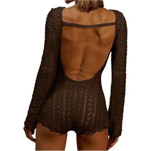 image:imageFloerns Womens Knit Sheer Backless Romper Long Sleeve Boat Neck Shorts JumpsuitMocha Brown