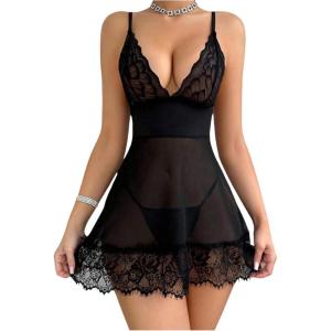 image:imageFloerns Womens Lingerie Sheer Lace V Neck Babydoll Nightdress Nightgown with ThongBlack