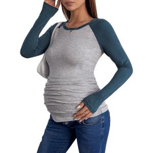 image:imageFloerns Womens Maternity Striped Print Long Sleeve Rib Knit Casual Tee ShirtGrey Navy Blue