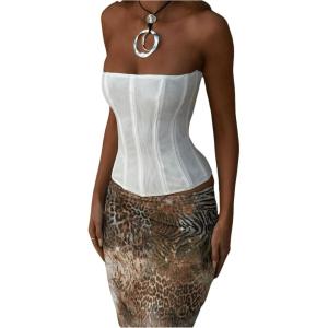 image:imageFloerns Womens Mesh Sheer Corset Tube Tops Strapless Sleeveless Lace Up Bandeau Corset Top Party ClubwearWhite