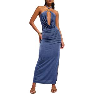 image:imageFloerns Womens Metal Draped Halter Dress Criss Cross Ruched Backless Slit Maxi DressesBlue
