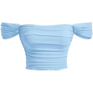 image:imageFloerns Womens Off Shoulder Ruched Mesh Crop Tops Short Sleeve Cute Tee ShirtsLight Blue