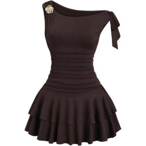 image:imageFloerns Womens Off The Shoulder Knot Side Mini Dress Layered Ruffle Going Out A Line DressesCoffee