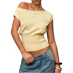 image:imageFloerns Womens Off The Shoulder Sweaters Short Sleeve Asymmetrical Rib Knit Pullover TopsYellow