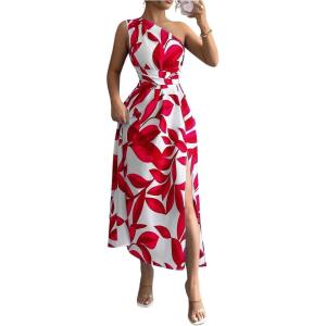 image:imageFloerns Womens One Shoulder Floral Boho Maxi Dress Sleeveless Vacation A Line DressesRed
