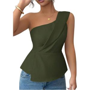 image:imageFloerns Womens One Shoulder Tank Tops Sleeveless Ruffle Hem Smocked Going Out TopsArmy Green