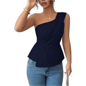 image:imageFloerns Womens One Shoulder Tank Tops Sleeveless Ruffle Hem Smocked Going Out TopsDark Blue