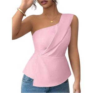 image:imageFloerns Womens One Shoulder Tank Tops Sleeveless Ruffle Hem Smocked Going Out TopsDusty Pink
