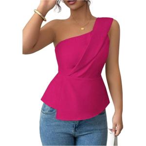 image:imageFloerns Womens One Shoulder Tank Tops Sleeveless Ruffle Hem Smocked Going Out TopsHot Pink