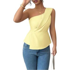 image:imageFloerns Womens One Shoulder Tank Tops Sleeveless Ruffle Hem Smocked Going Out TopsYellow