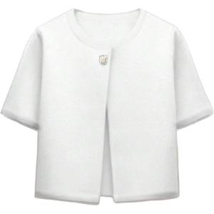 image:imageFloerns Womens Open Front Cardigan Sweater Button Crew Neck Short Sleeve Ribbed Crop TopsWhite
