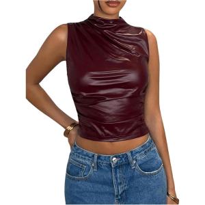 image:imageFloerns Womens PU Faux Leather Sleeveless Tank Top Ruched Mock Neck Y2k Vest ShirtsBurgundy