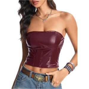 image:imageFloerns Womens PU Leather Bandeau Lace Up Back Y2k Club Strapless Tube TopBurgundy
