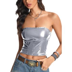 image:imageFloerns Womens PU Leather Bandeau Lace Up Back Y2k Club Strapless Tube TopSilver