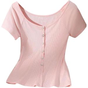image:imageFloerns Womens Pearl Button Down T Shirt Scoop Neck Short Sleeve Fitted Y2k Tee TopsPink