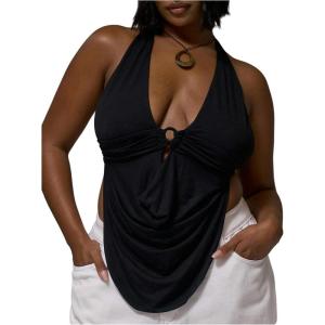 image:imageFloerns Womens Plus Size 3D Floral Draped Halter Tops Sleeveless Tie Open Back Tank TopBlack