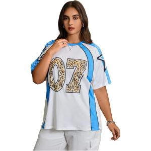 image:imageFloerns Womens Plus Size Cheetah Number Print Half Sleeve T Shirt Crew Neck Jersey Tee TopsBlue
