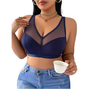 image:imageFloerns Womens Plus Size Contrast Mesh Bralette Medium Support Wireless UnderwearDark Blue