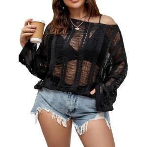 image:imageFloerns Womens Plus Size Crochet Sweater Cover Up Top Hollow Out Long Sleeve Asymmetrical Neck Mesh Shirt Pullover TopBlack