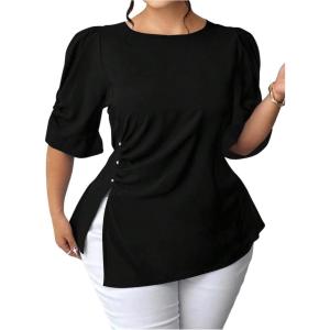image:imageFloerns Womens Plus Size Elegant Puff Sleeve Blouse Tops Split Business Casual OutfitBlack