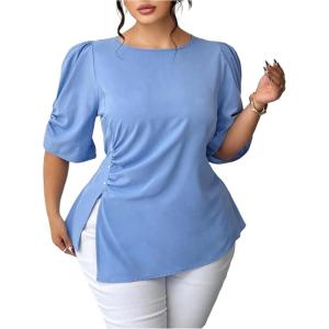 image:imageFloerns Womens Plus Size Elegant Puff Sleeve Blouse Tops Split Business Casual OutfitBlue