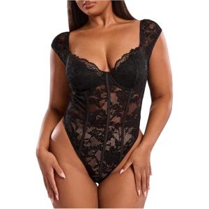 image:imageFloerns Womens Plus Size Floral Lace Bodysuit Cap Sleeve Sweetheart Neck Bustier Corset Body SuitBlack