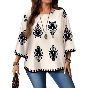 image:imageFloerns Womens Plus Size Graphic 34 Sleeve Shirts Crew Neck Casual Tunic BlousesBeige