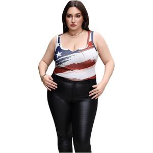image:imageFloerns Womens Plus Size Graphic Flag Print Tank Top Notch Neck Sleeveless Crop TopsBlue and Red