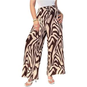 image:imageFloerns Womens Plus Size Graphic Wide Leg Palazzo Pants Drawstring Elastic Waist Travel PantsBrown Multi